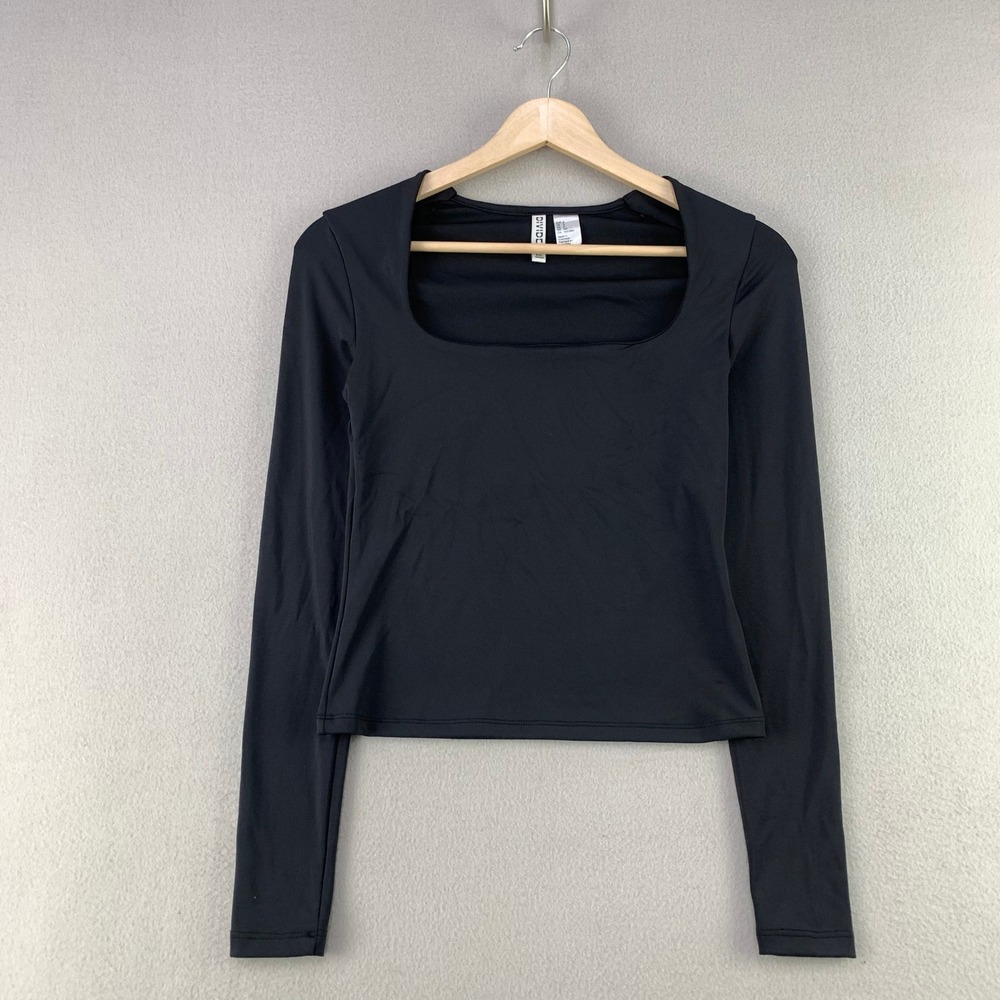 H&M Divided Square Neck Top Women Small Black Long Sleeve Basic Minimalist